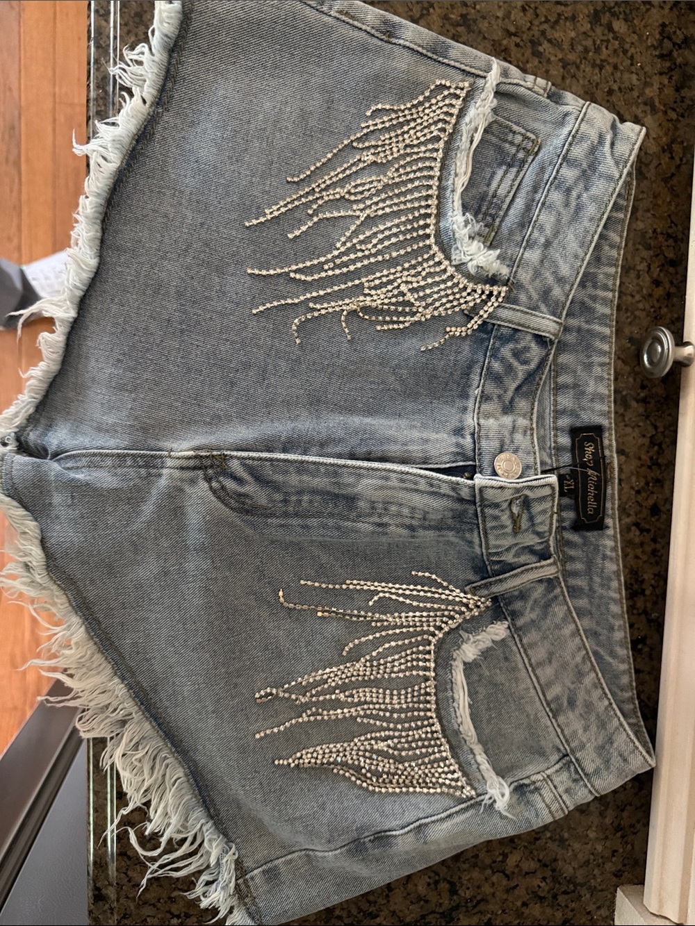 Women’s Light Blue Jean Shorts with Rhinestone Fringe -